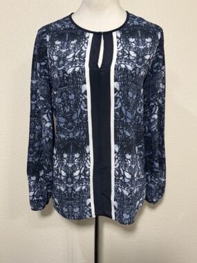 Kobi Halperin Womens XS Navy Silk Medallion Print V-Neck Blouse